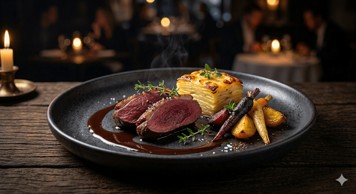 Pan-seared ostrich fillet with red wine jus
