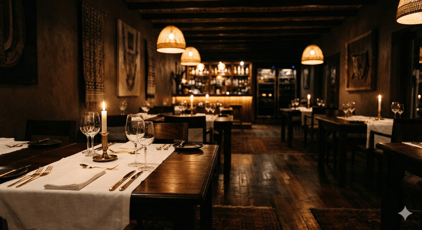 Candlelit fine dining room at Harare Eats restaurant in Harare, Zimbabwe